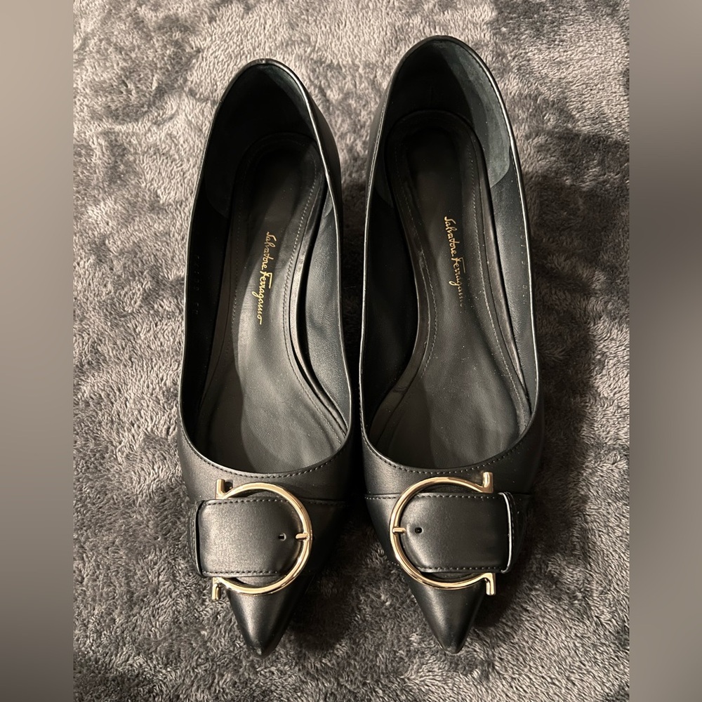 Salvatore Ferragamo Black Heels with Gold Buckle